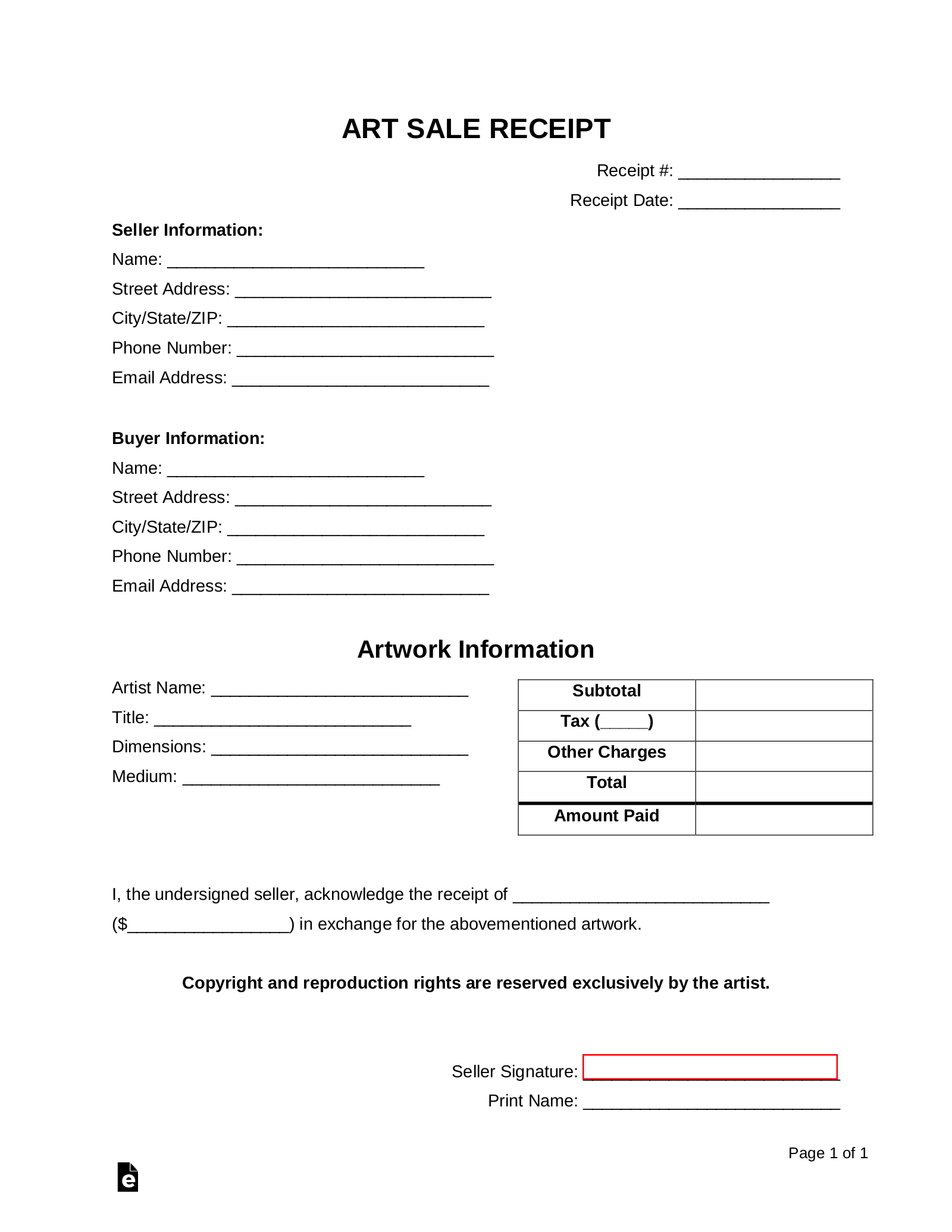 Free Art Sale Receipt PDF Word EForms   Art Sale Receipt Template 