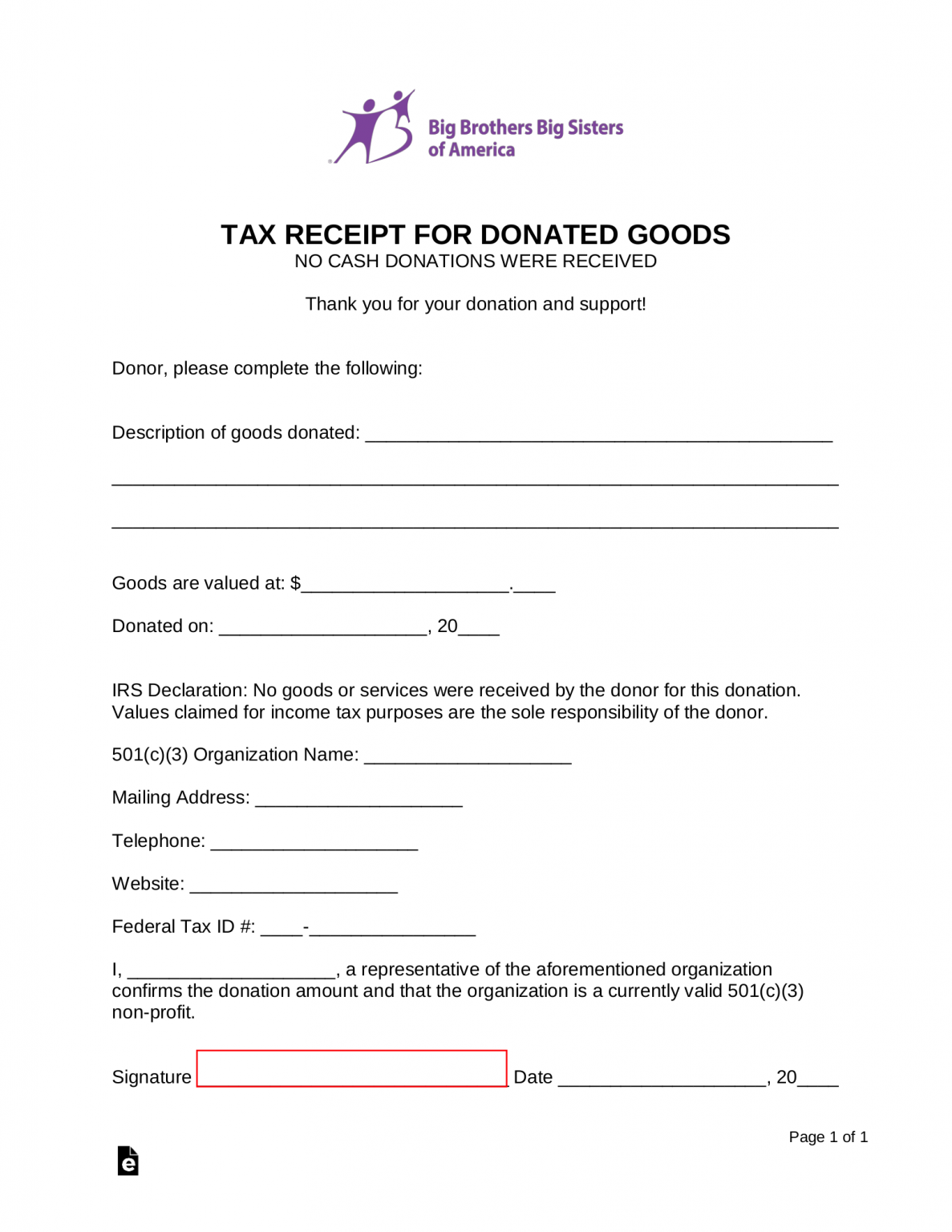 Free Big Brothers Big Sisters of America Donation Receipt Template