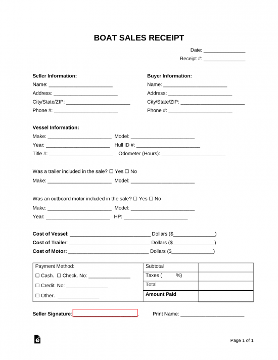 Free Boat (Sale) Receipt Template Word PDF eForms