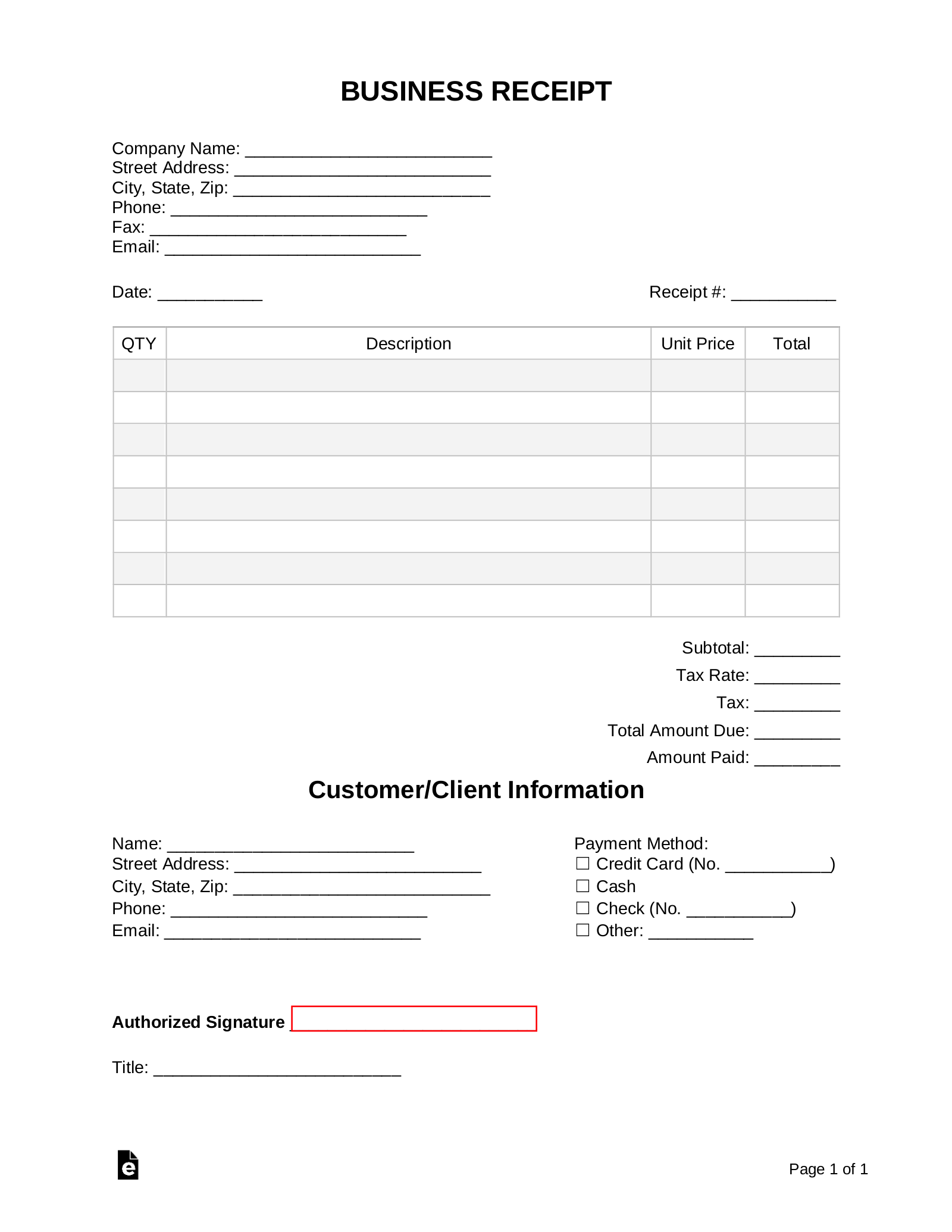 Free Business Receipt Template Word PDF eForms