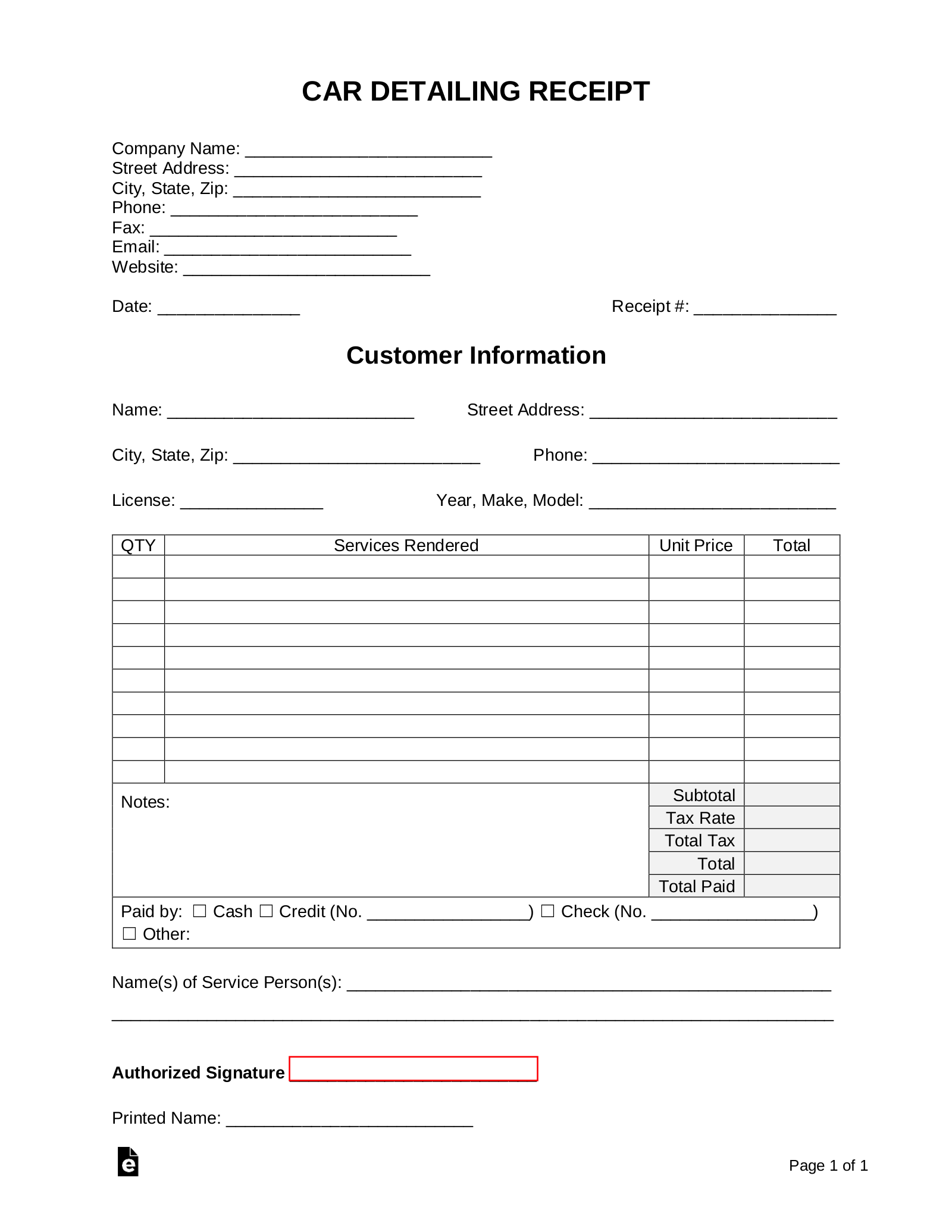 Car Valet Receipt Template