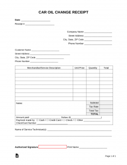 Car Oil Change Receipt Template