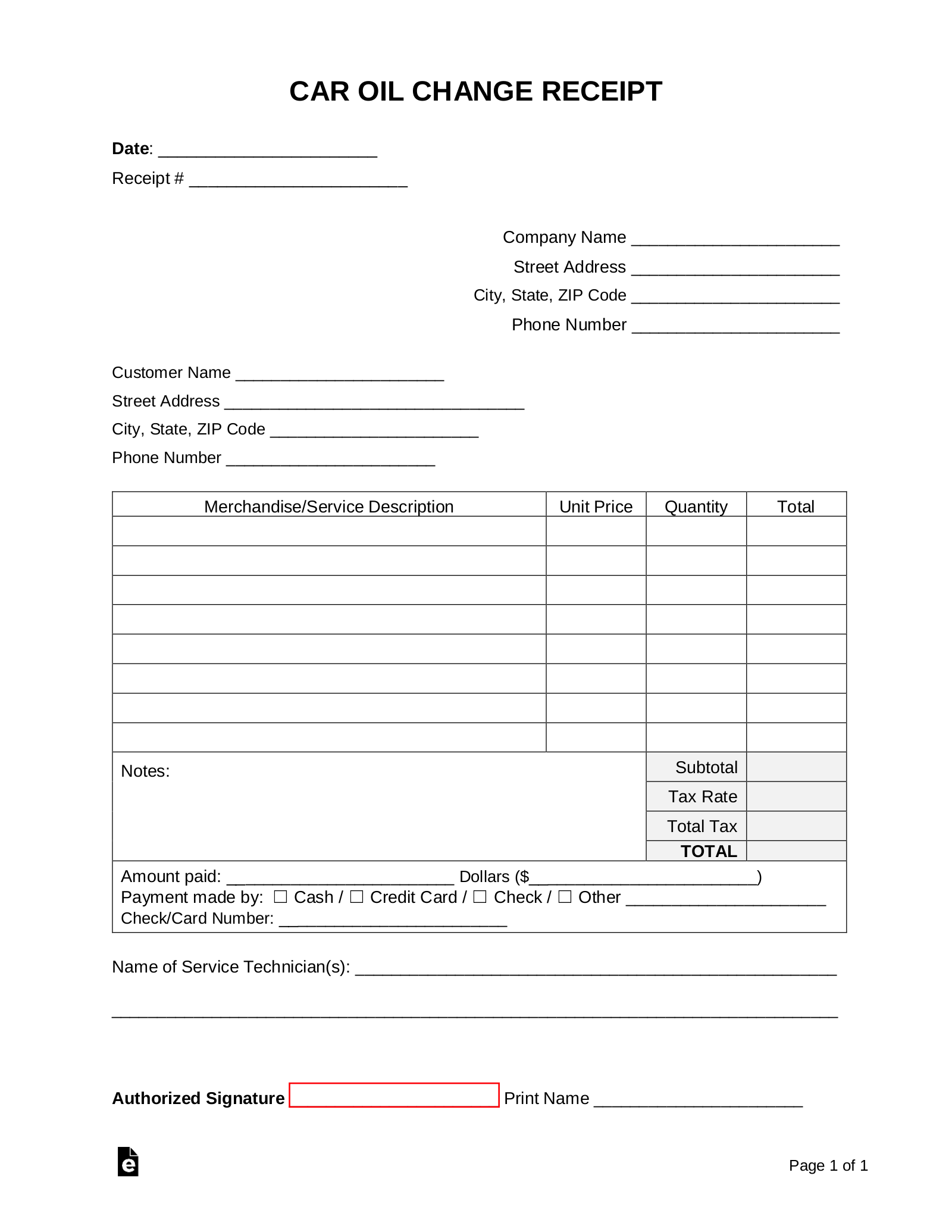 Free Car Oil Change Receipt Template PDF Word eForms