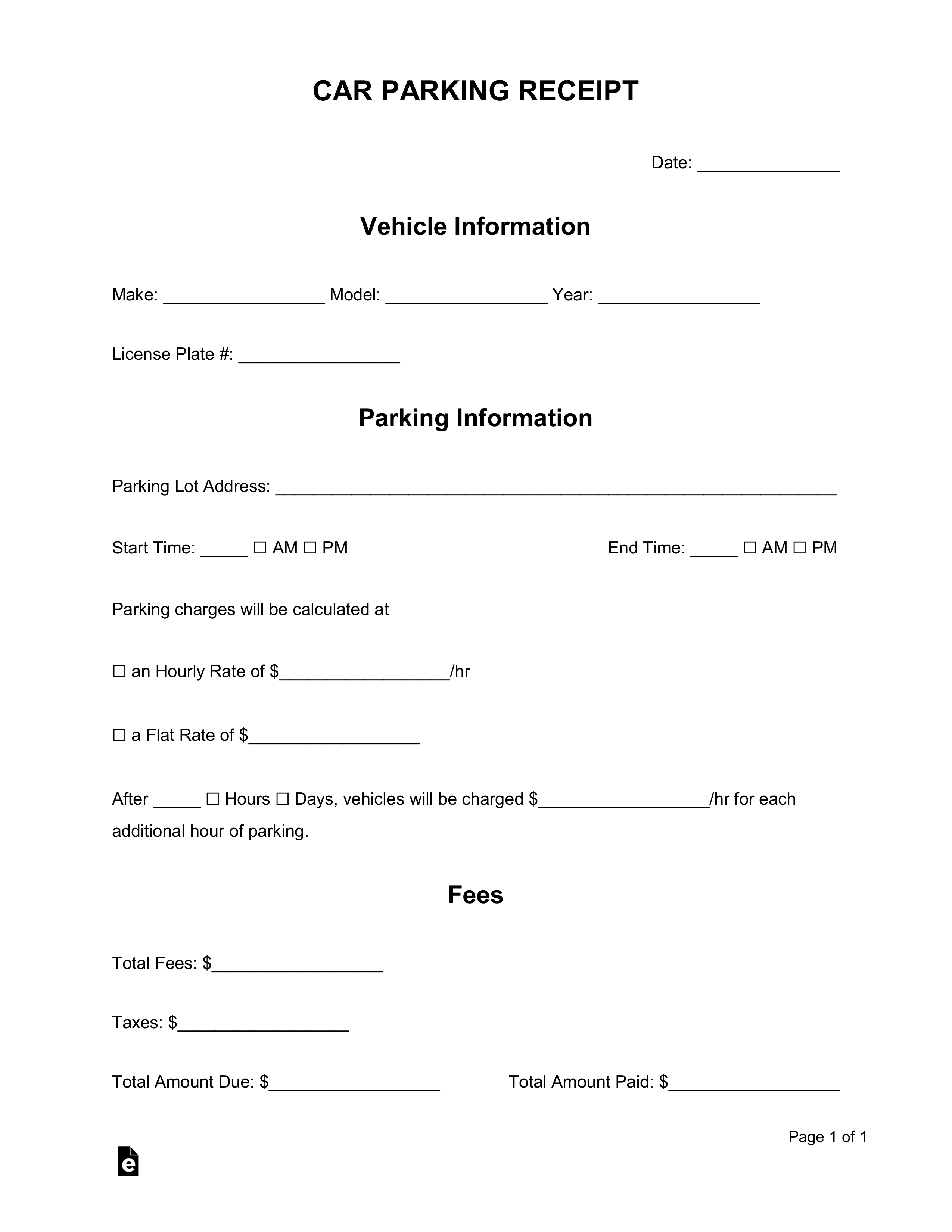 Free Car Vehicle Parking Receipt Template PDF Word EForms