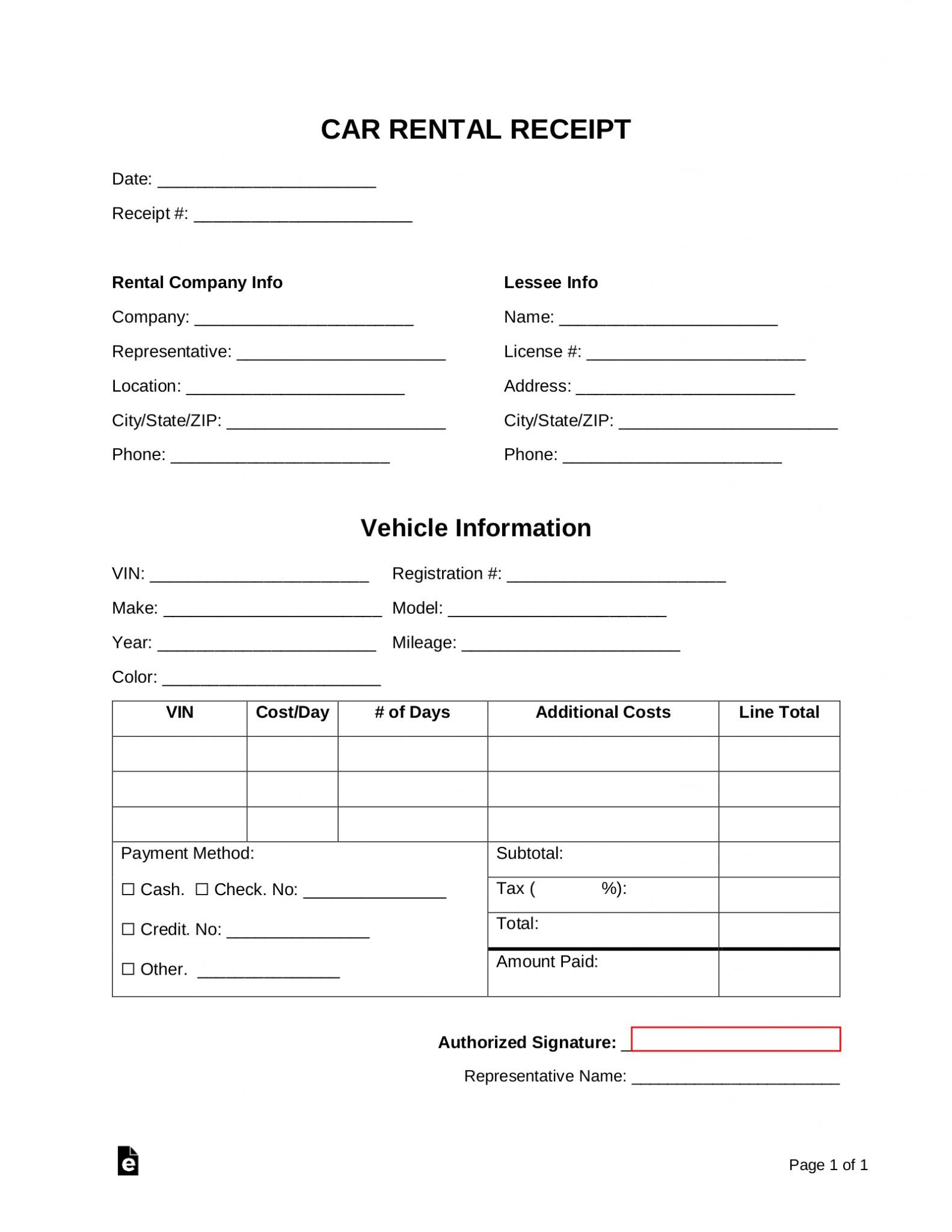 Free Car Rental Receipt Template - PDF | Word – eForms