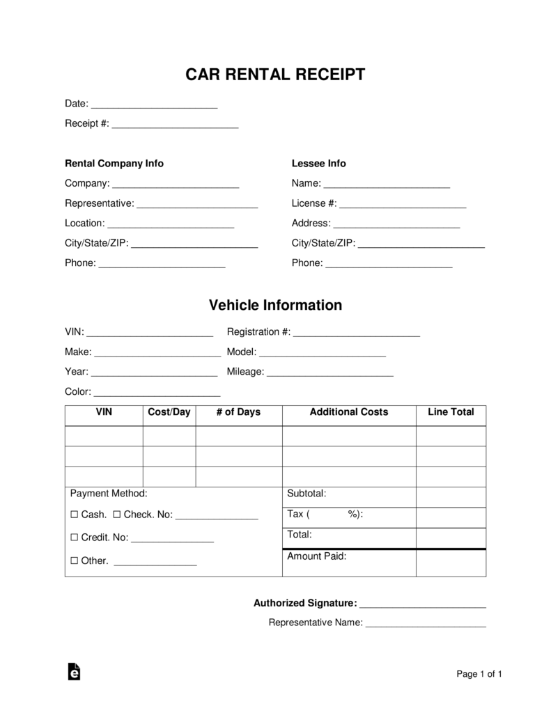 Printable Car Rental Receipt Printable World Holiday