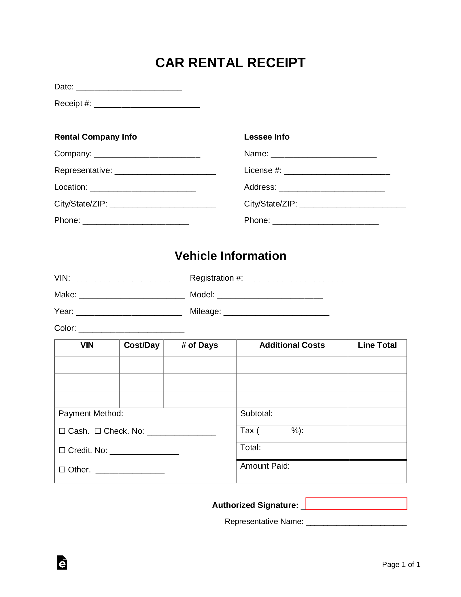 Free Car Rental Receipt Template PDF Word EForms
