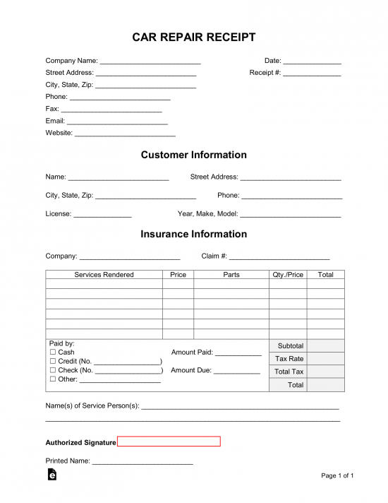 Free Car (Vehicle) Repair Receipt Template  PDF  Word – eForms