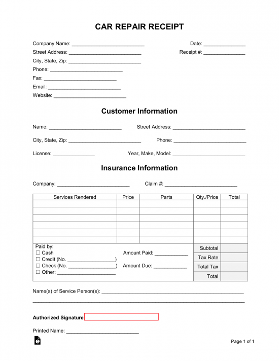 Free Car Vehicle Repair Receipt Template PDF Word EForms