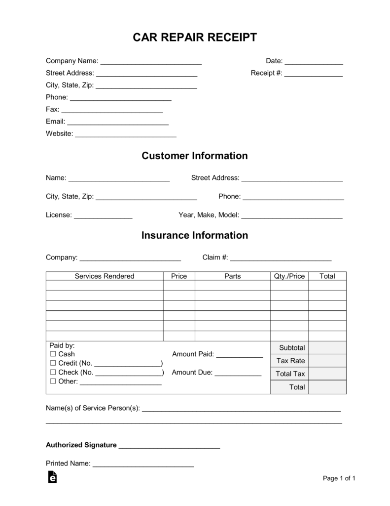 Free Car (Vehicle) Repair Receipt Template Word PDF eForms