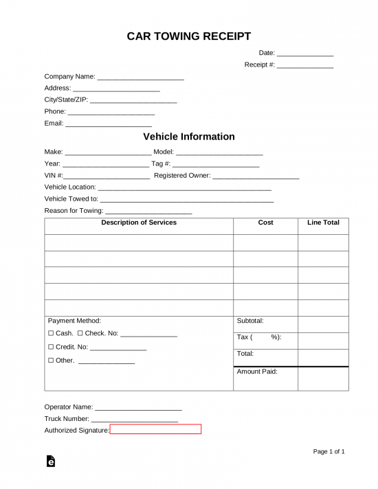 free vehicle towing receipt template word pdf eforms