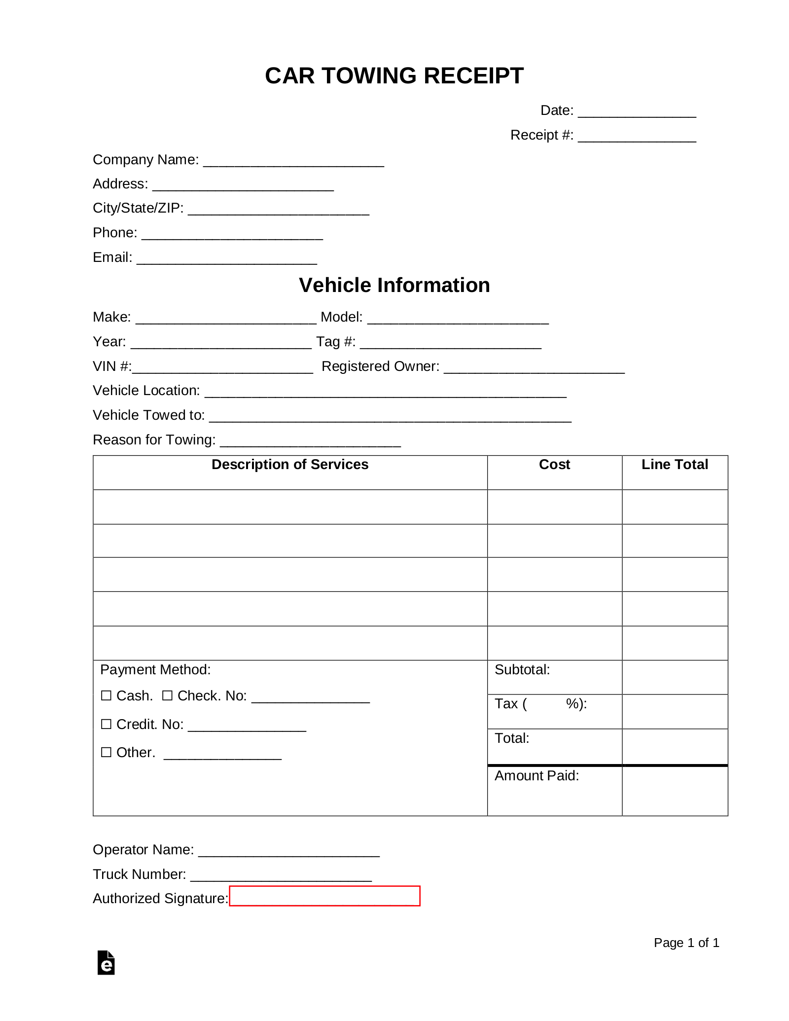 Towing Company Receipt Template