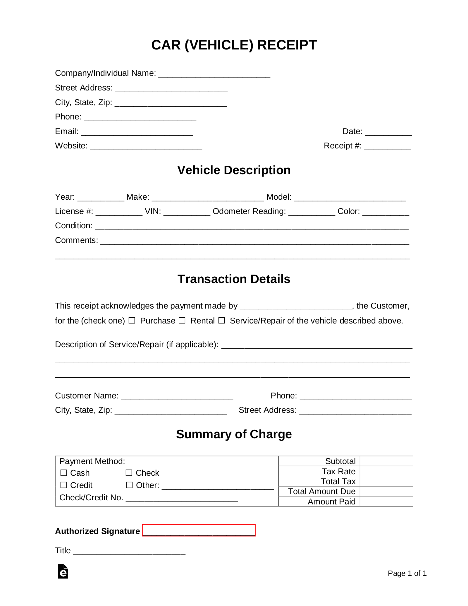 Free Car Vehicle Receipt Template PDF Word EForms