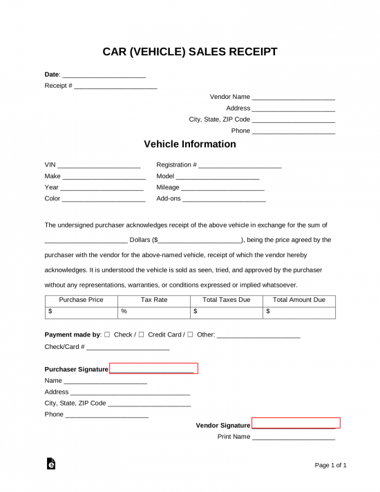 free car vehicle sales receipt template pdf word eforms