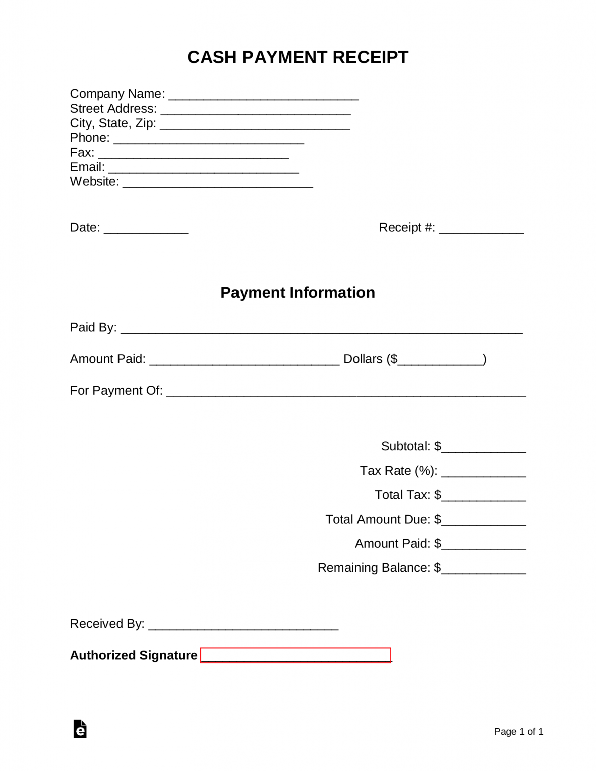 Free Cash Payment Receipt Template - PDF | Word – eForms