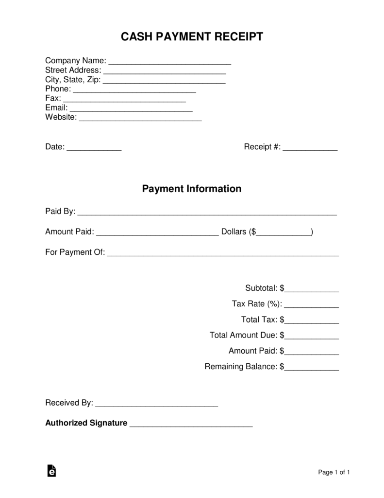 Free Cash Payment Receipt Template PDF Word eForms