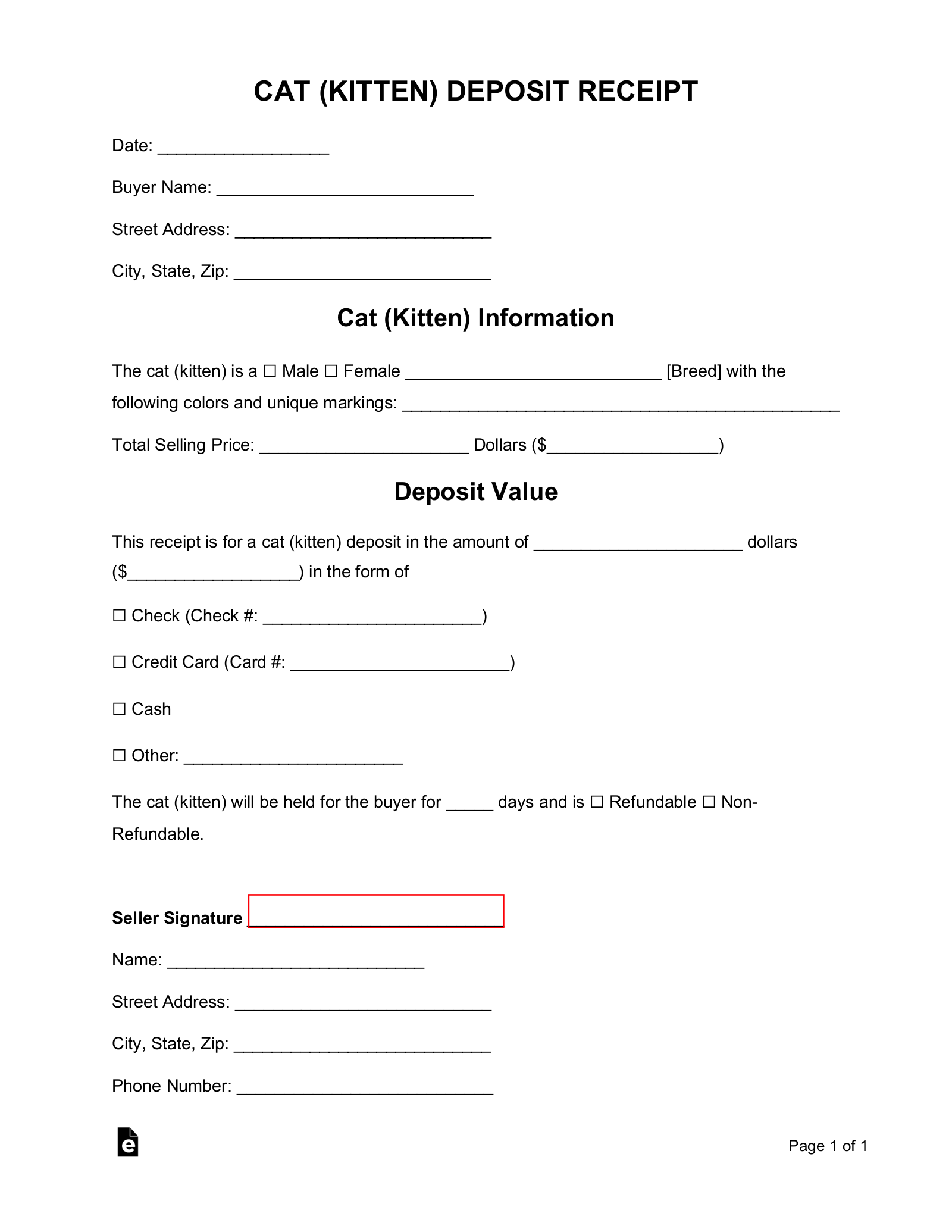 Cat (Kitten) Deposit Receipt Template