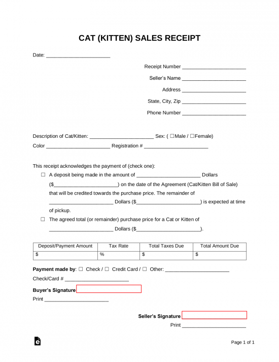 Cat (Kitten) Sales Receipt Template