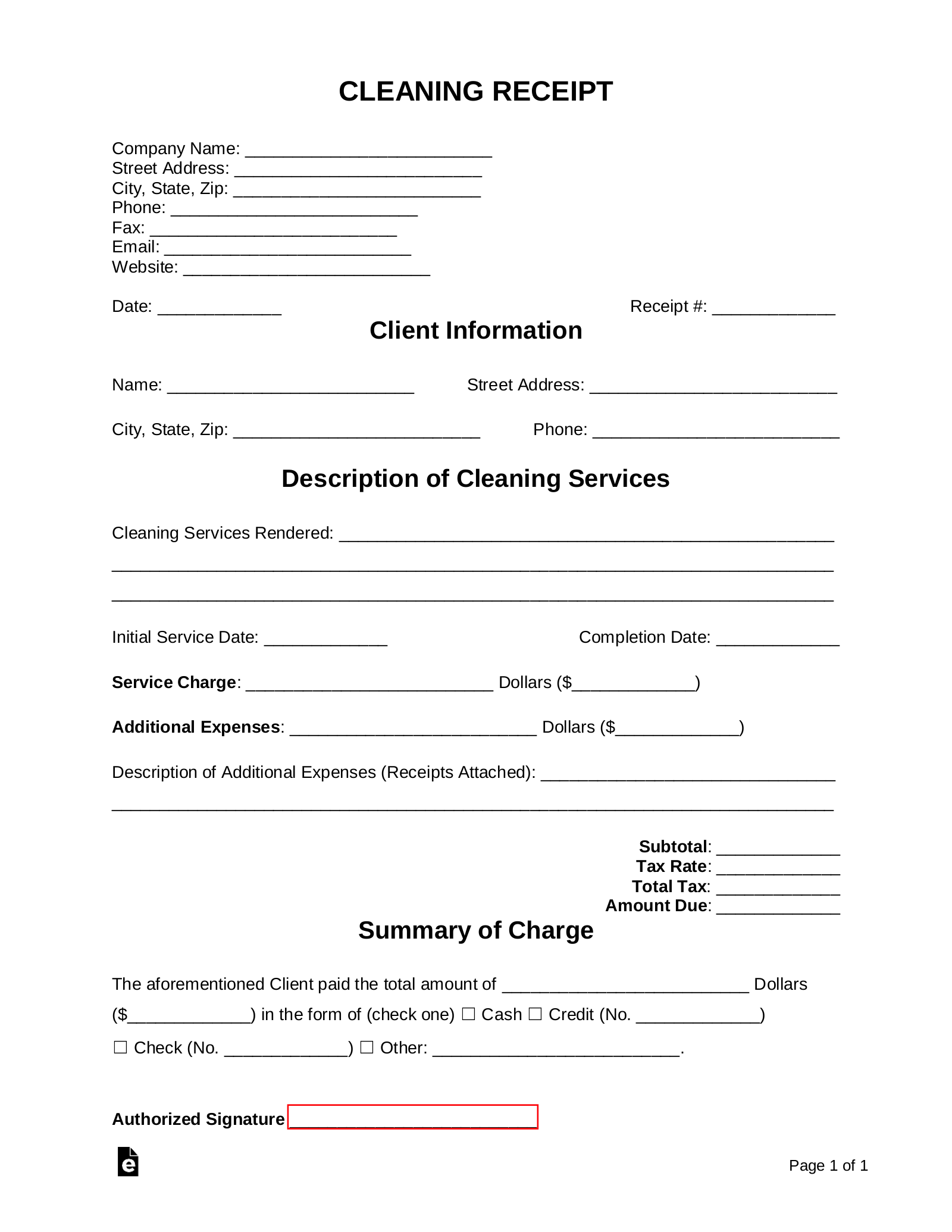 Free Cleaning Service Receipt Template PDF Word eForms