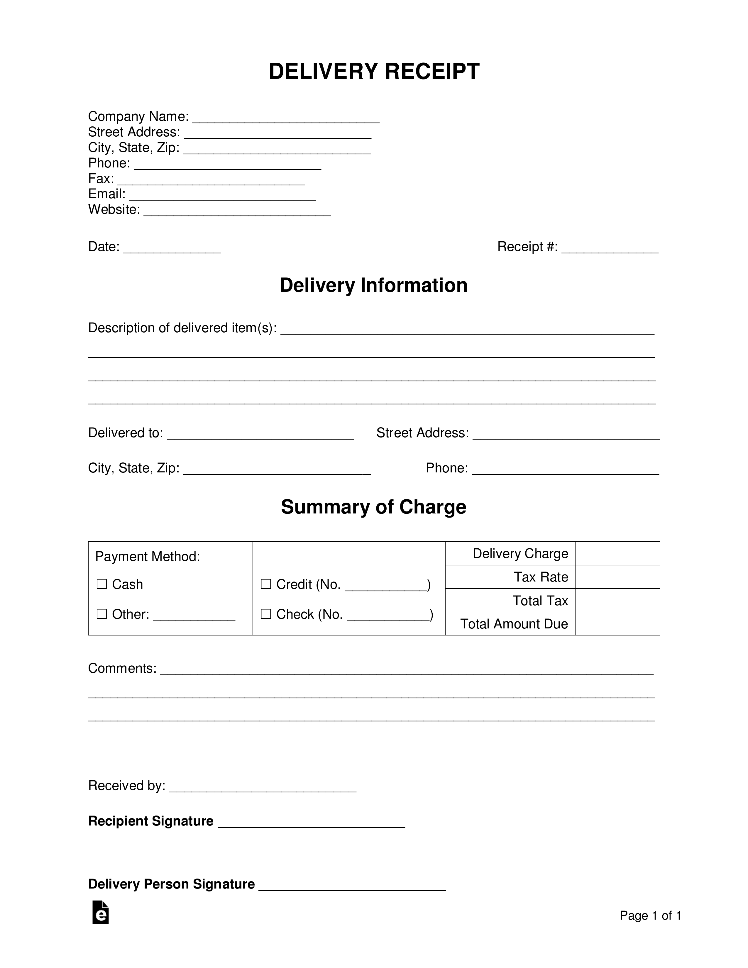 Courier Receipt Template Word Simple Receipt Forms