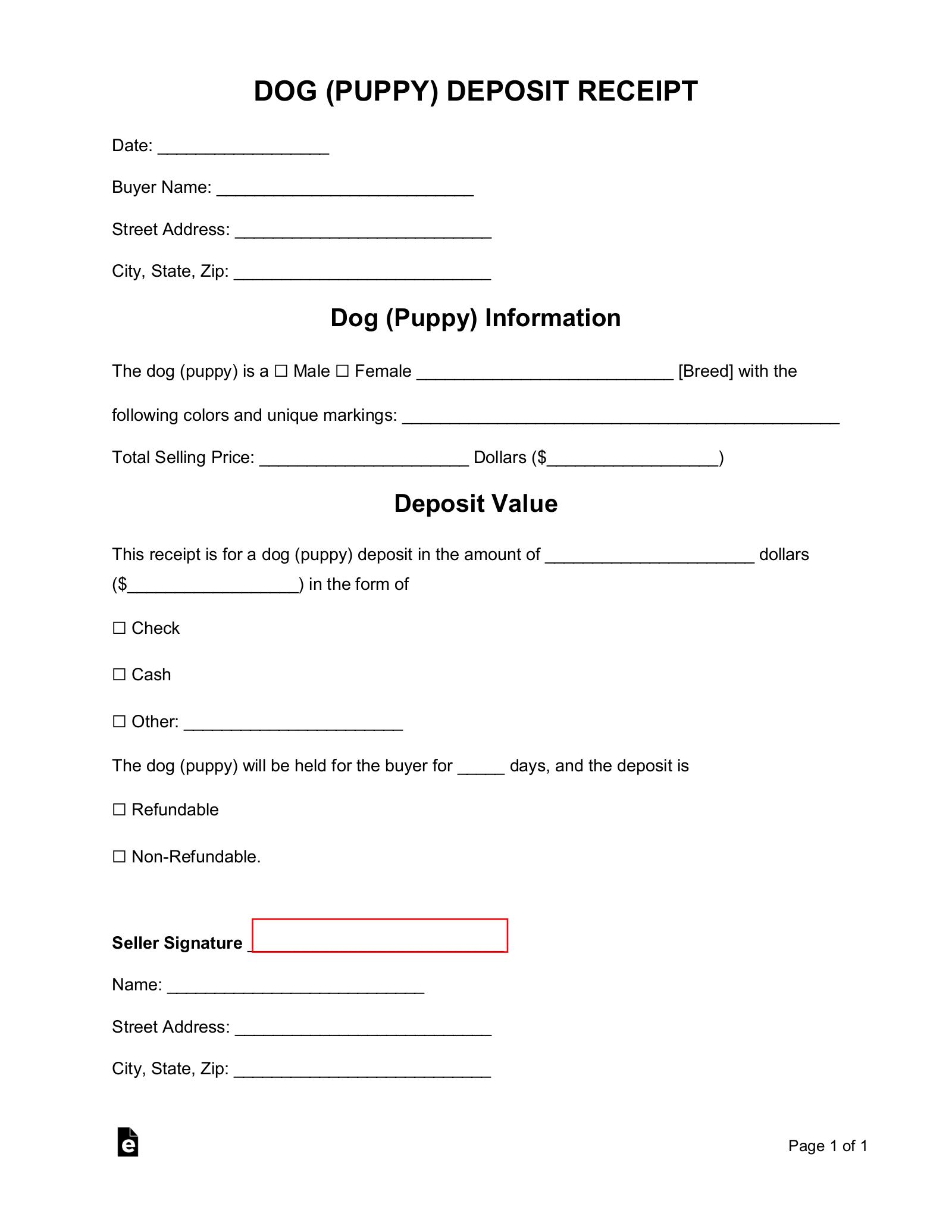 Free Dog (Puppy) Deposit Receipt Template Word PDF