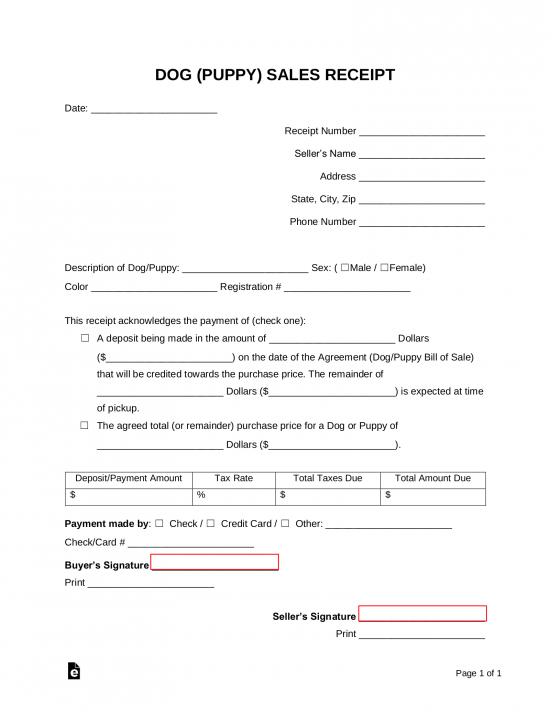 Free Dog (Puppy) Sales Receipt Template PDF Word eForms