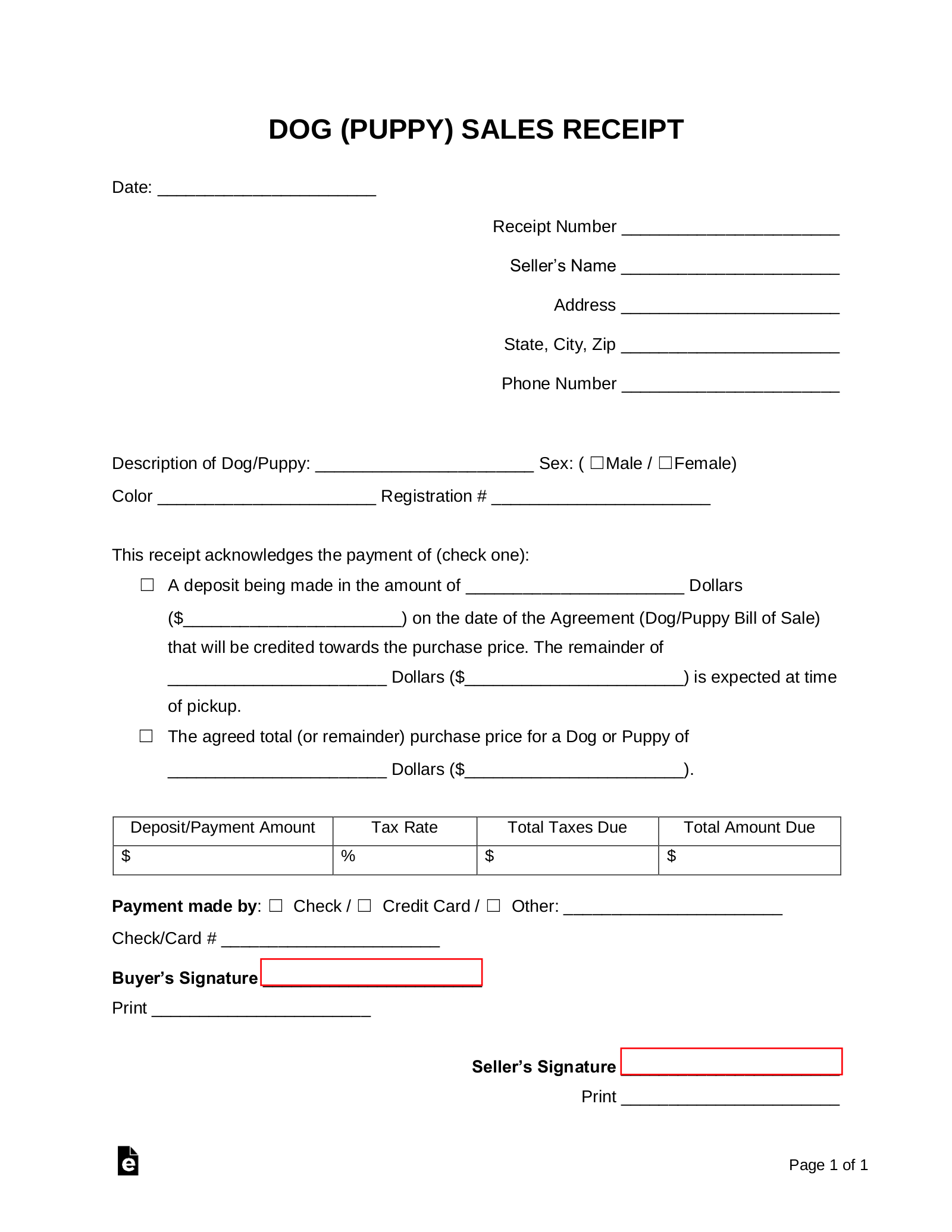 Free Dog (Puppy) Sales Receipt Template PDF Word eForms