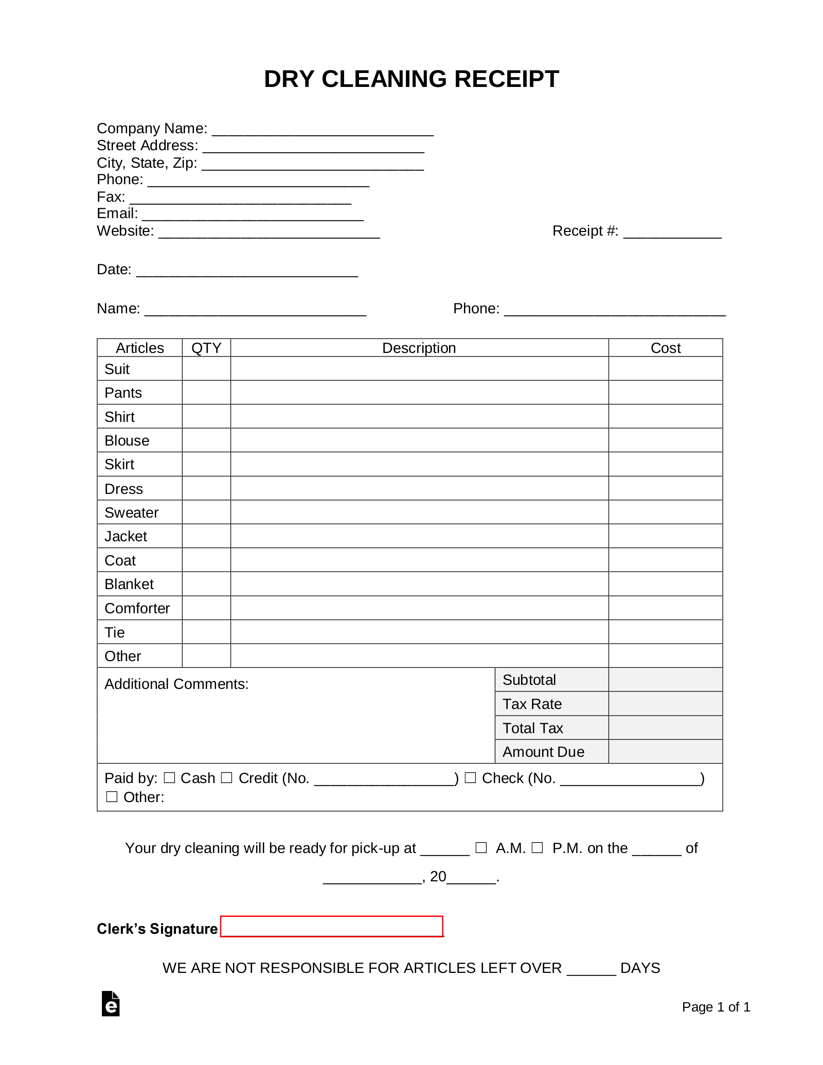 Free Dry Cleaning Receipt Template PDF Word eForms