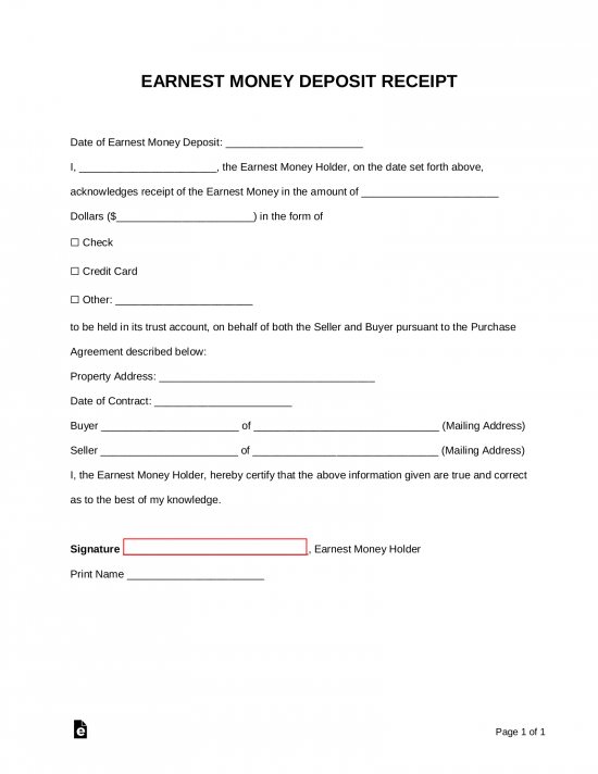 Free Earnest Money Deposit Receipt for Real Estate PDF Word EForms