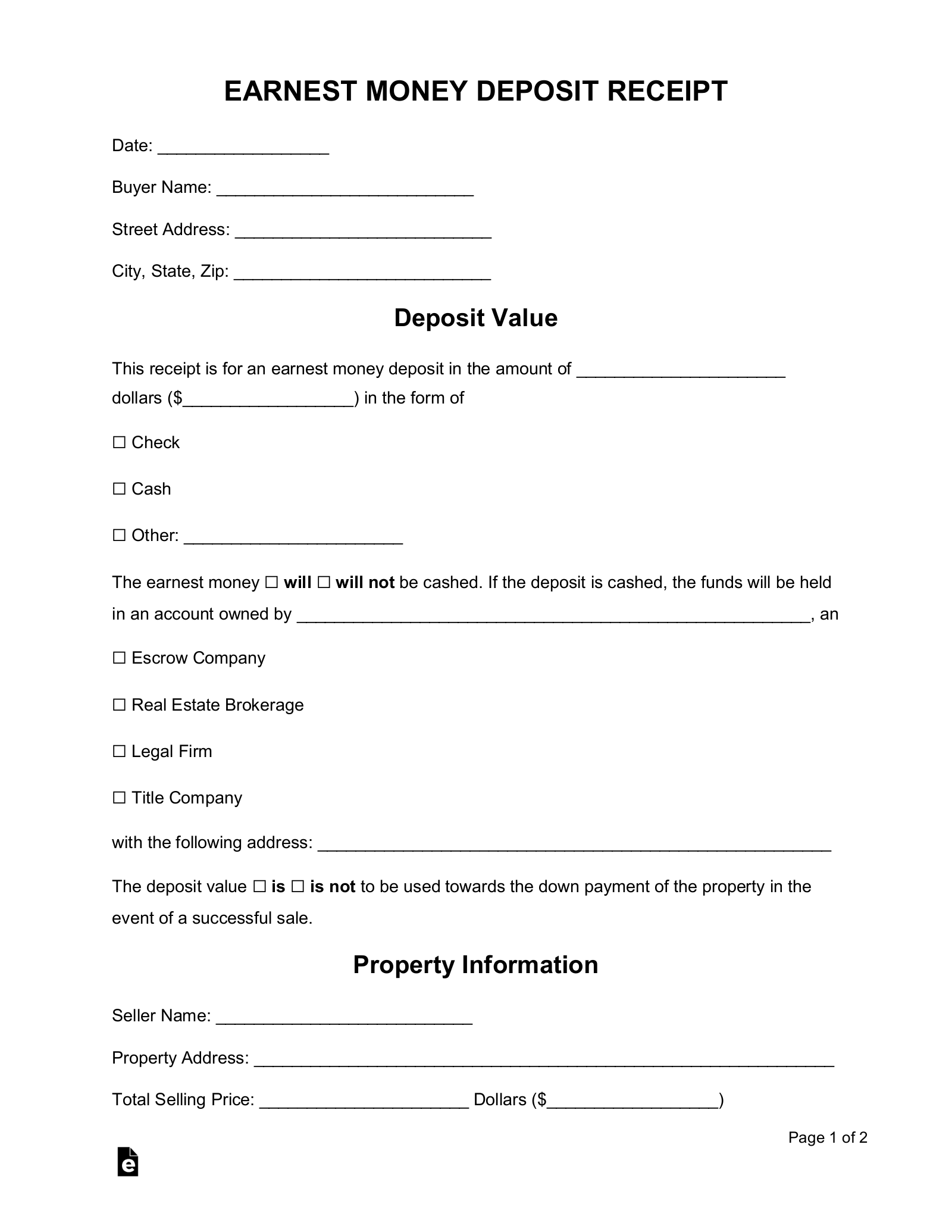 Free Earnest Money Deposit Receipt for Personal Property PDF Word 