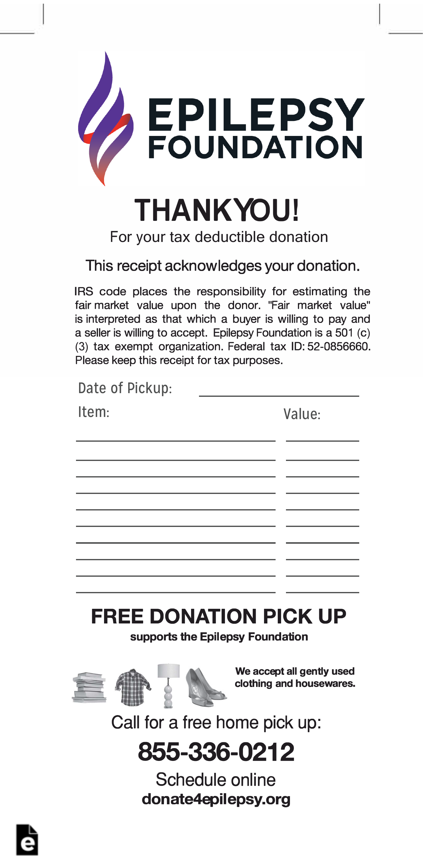 Epilepsy Foundation Donation Receipt Template