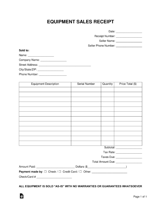 Free Equipment Sales Receipt Template - PDF | Word – eForms