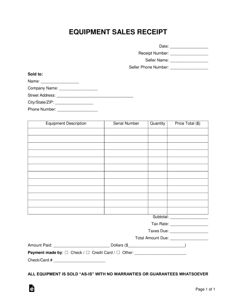 free equipment sales receipt template word pdf eforms