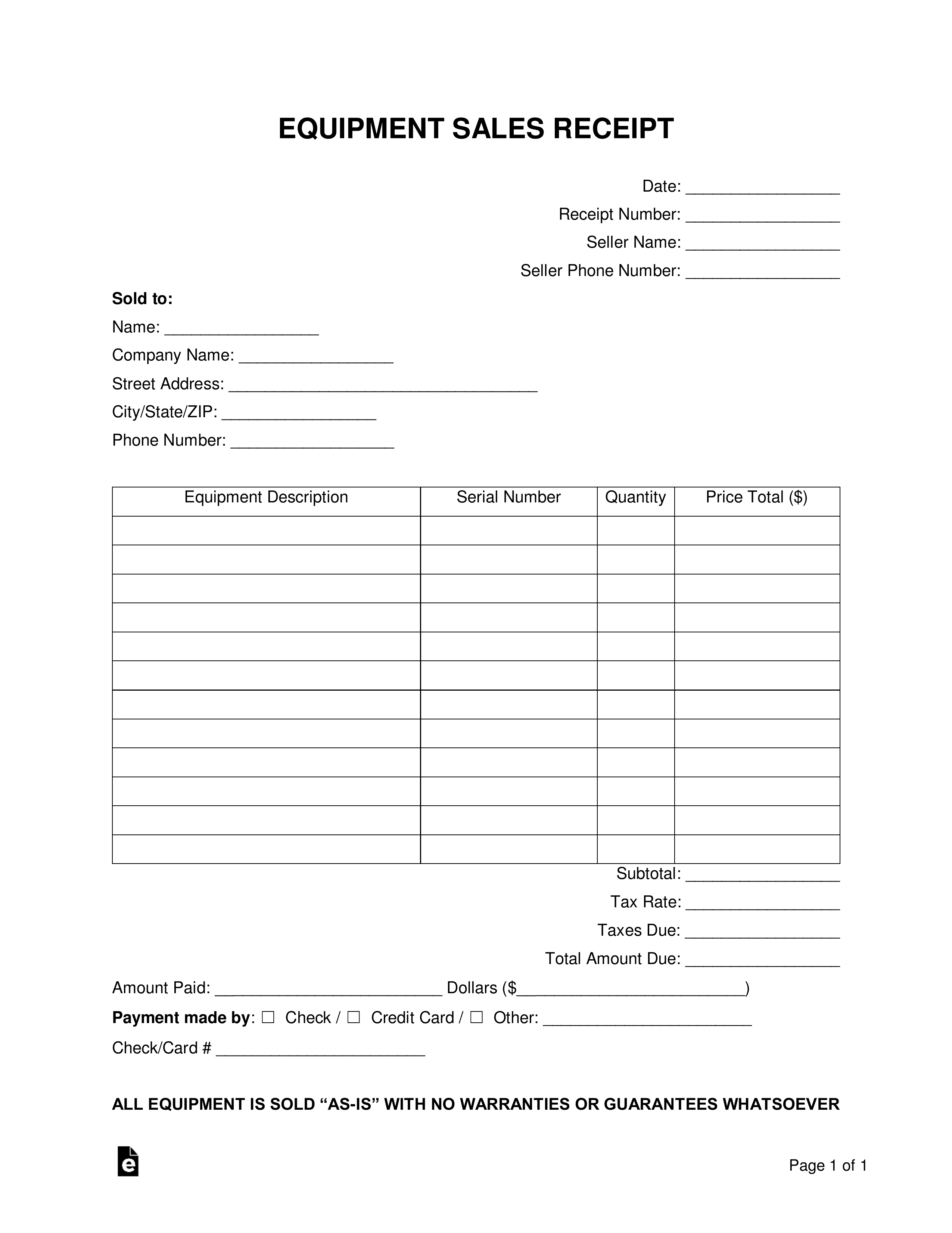 Equipment Receipt Template