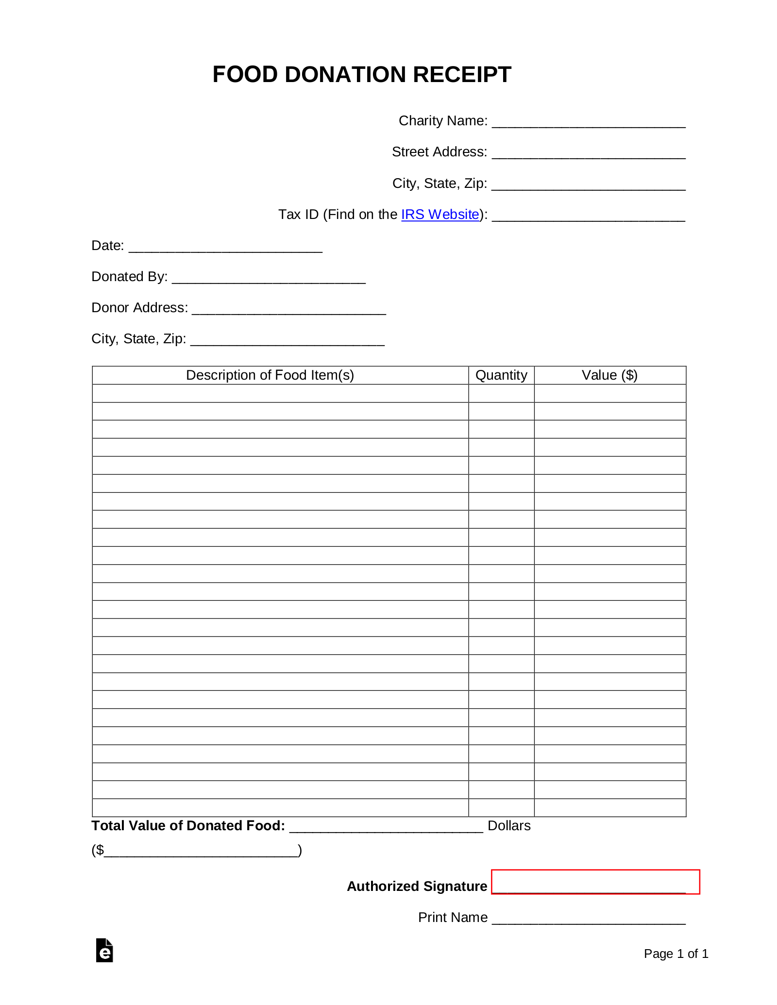 Food Donation Receipt Template