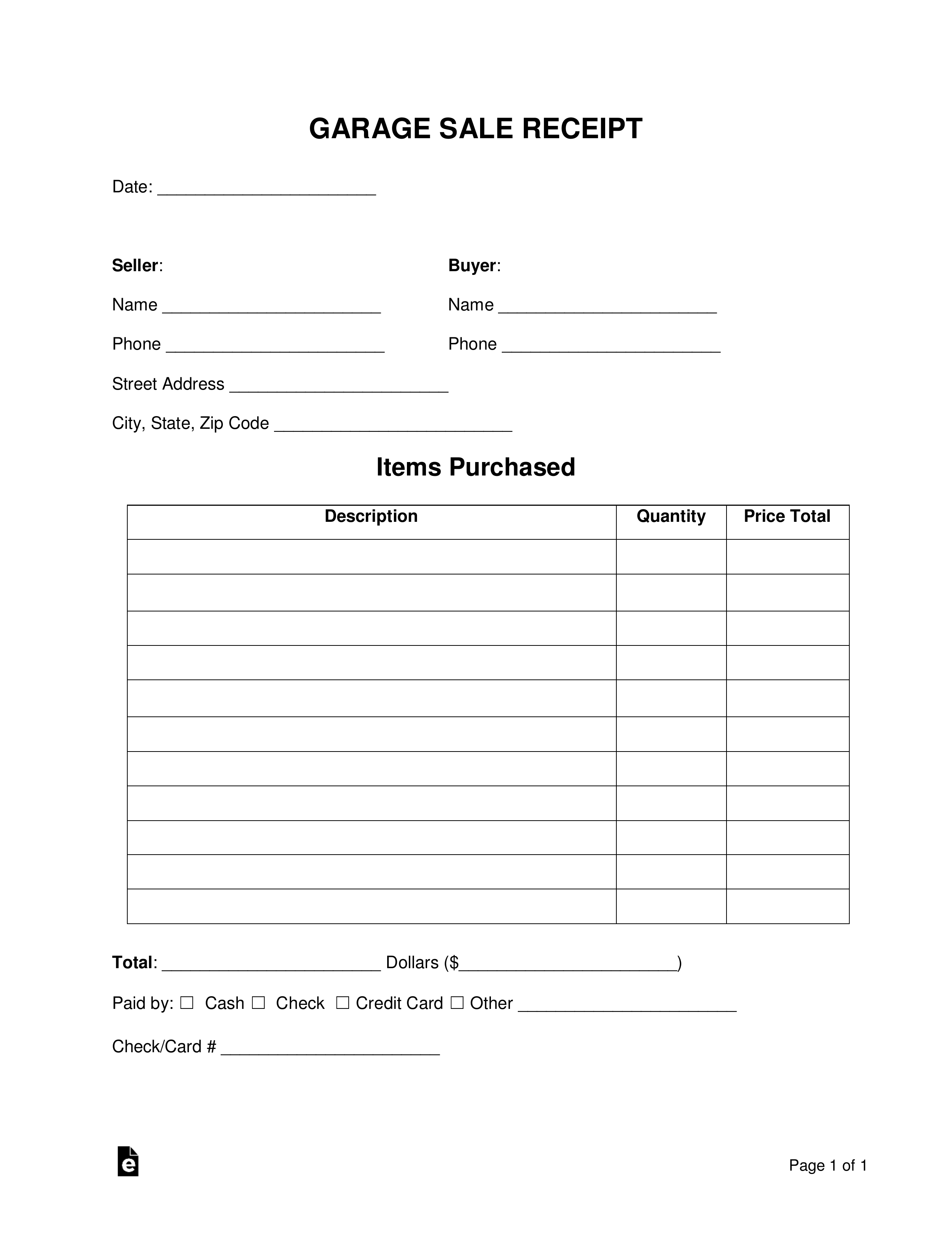 Free Garage Sale Receipt Template PDF Word eForms