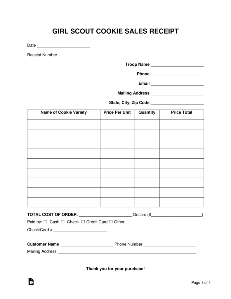 Free Girl Scout Cookie Sales Receipt PDF Word EForms