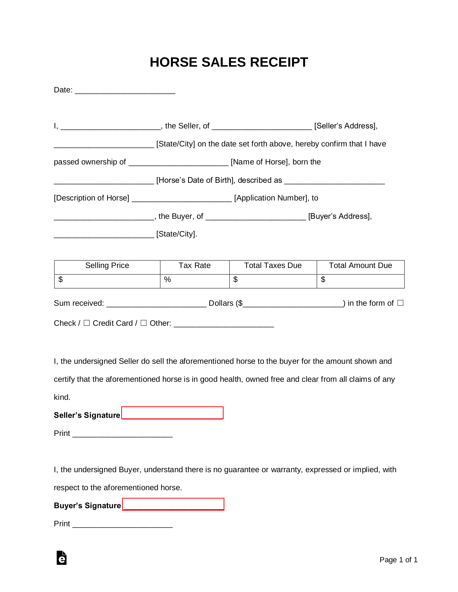 bill of sale template for horses