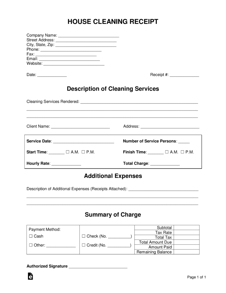 Free House Cleaning (Housekeeping) Receipt Template Word PDF eForms