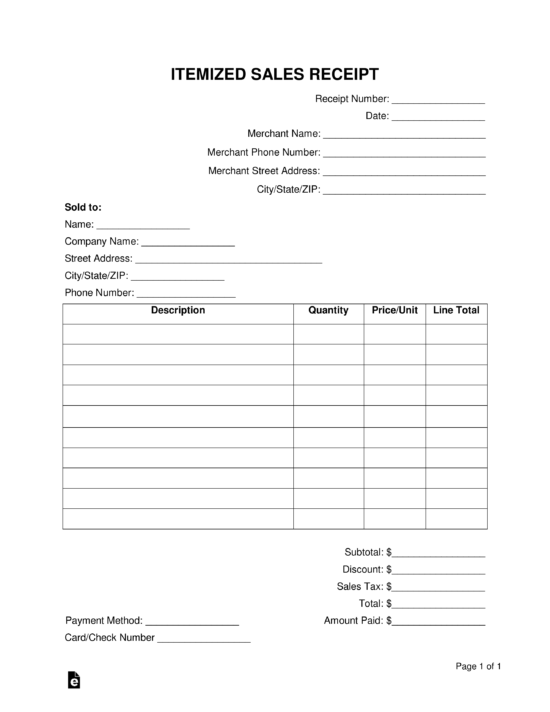 Free Itemized Receipt Template PDF Word eForms