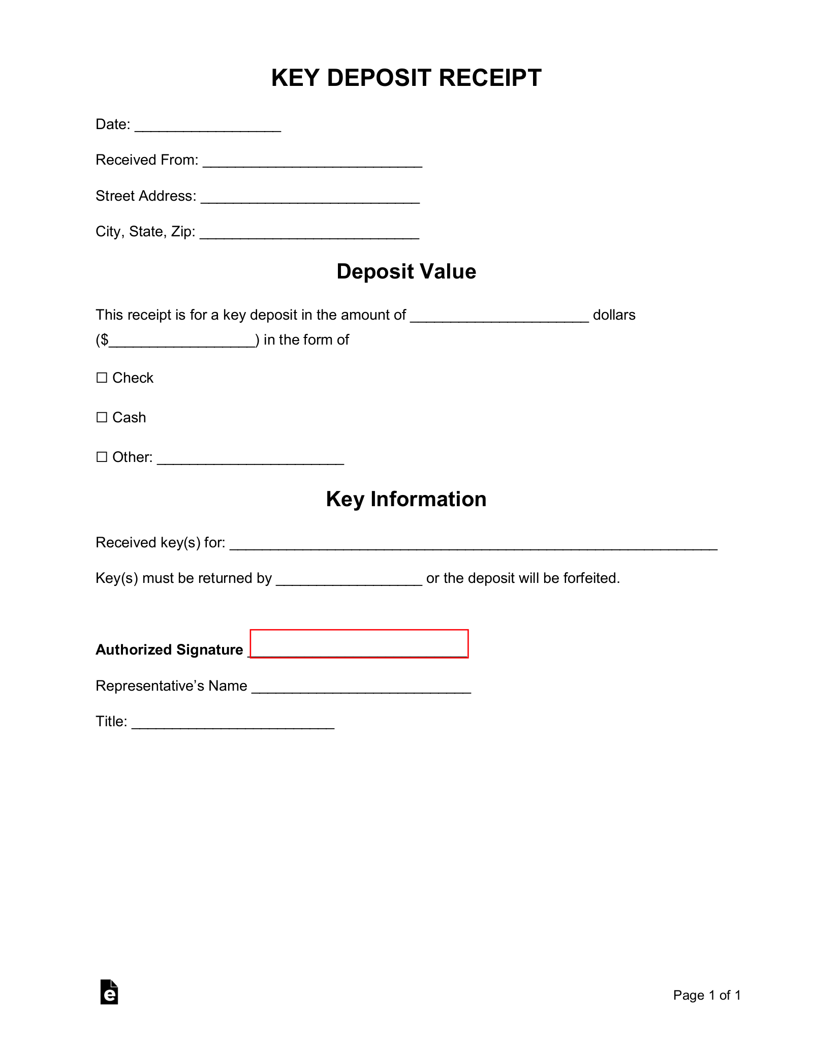 Key Deposit Receipt Template