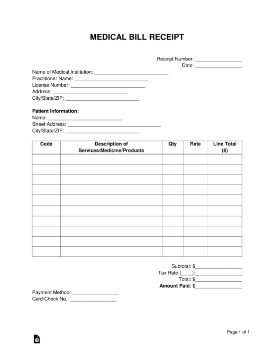 Free Medical Bill Receipt Template PDF Word eForms