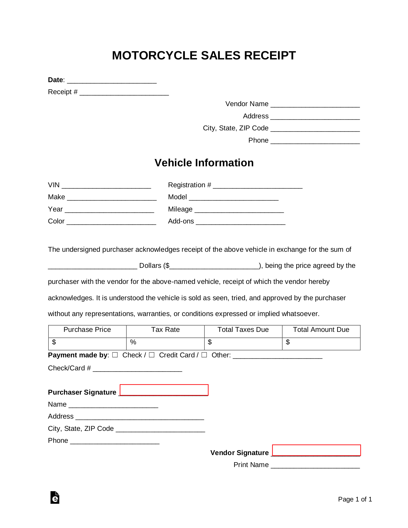 Motorcycle Sales Receipt Template