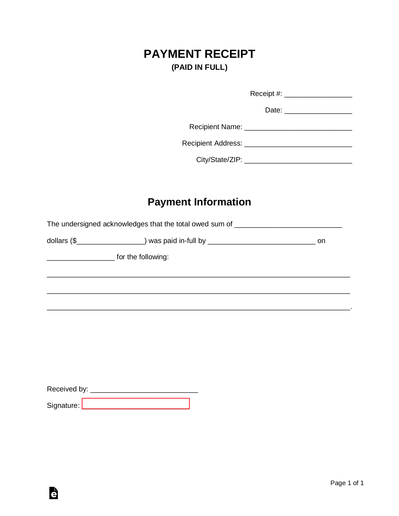 Receipt Format For Payment Received from eforms.com