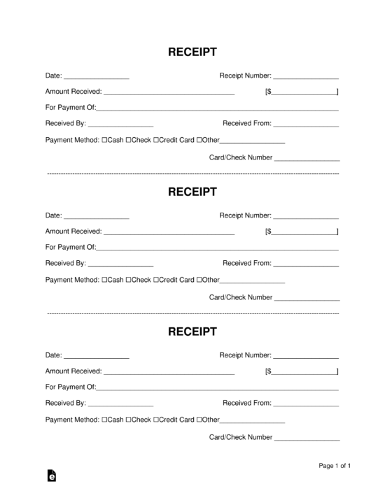 receipt book templates print 3 receipts per page eforms
