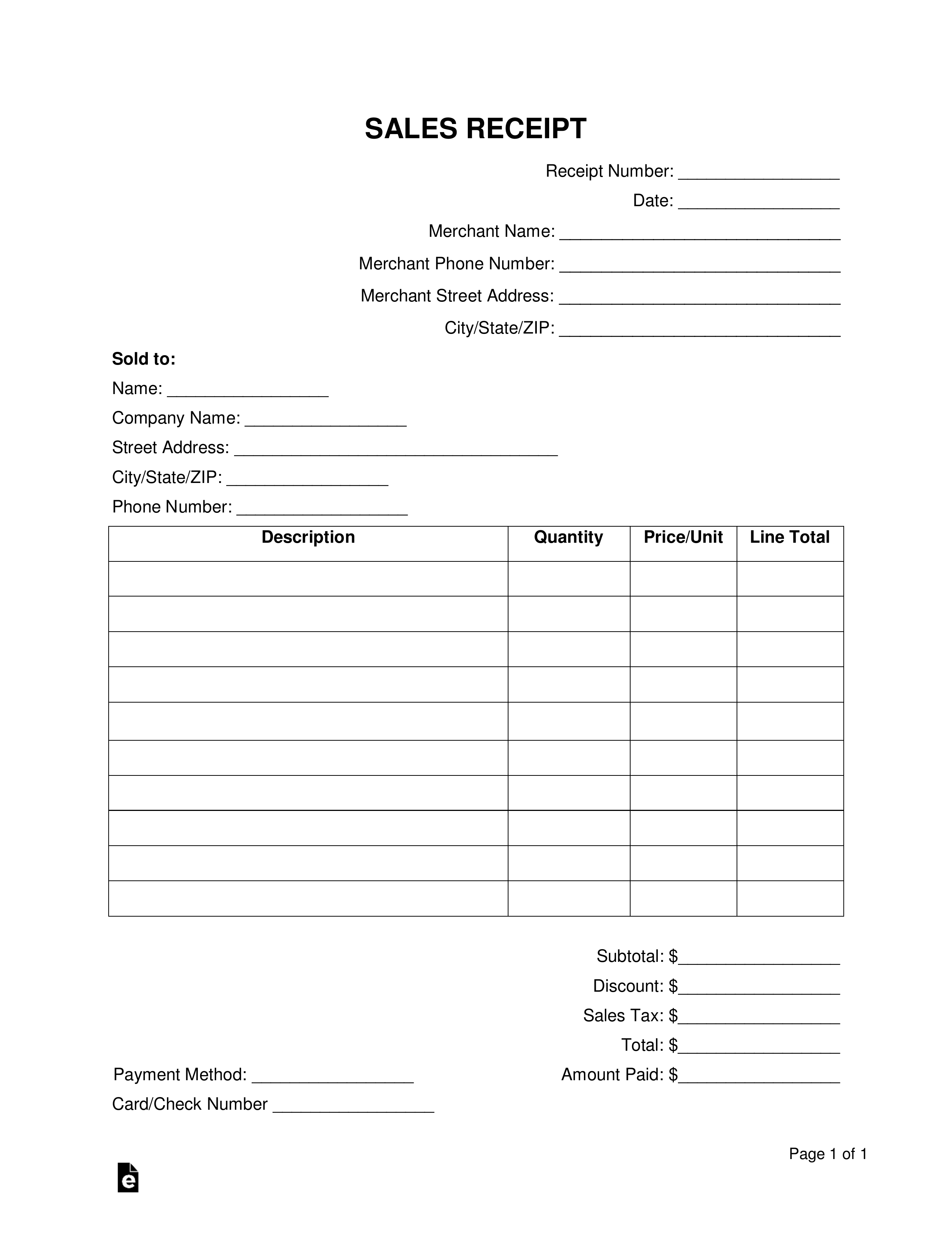 Sales Receipt Template Printable Word Pdf