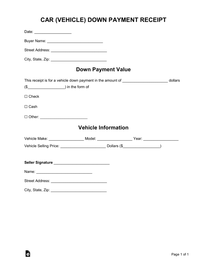 Free Car Vehicle Downpayment Receipt Template Word PDF EForms