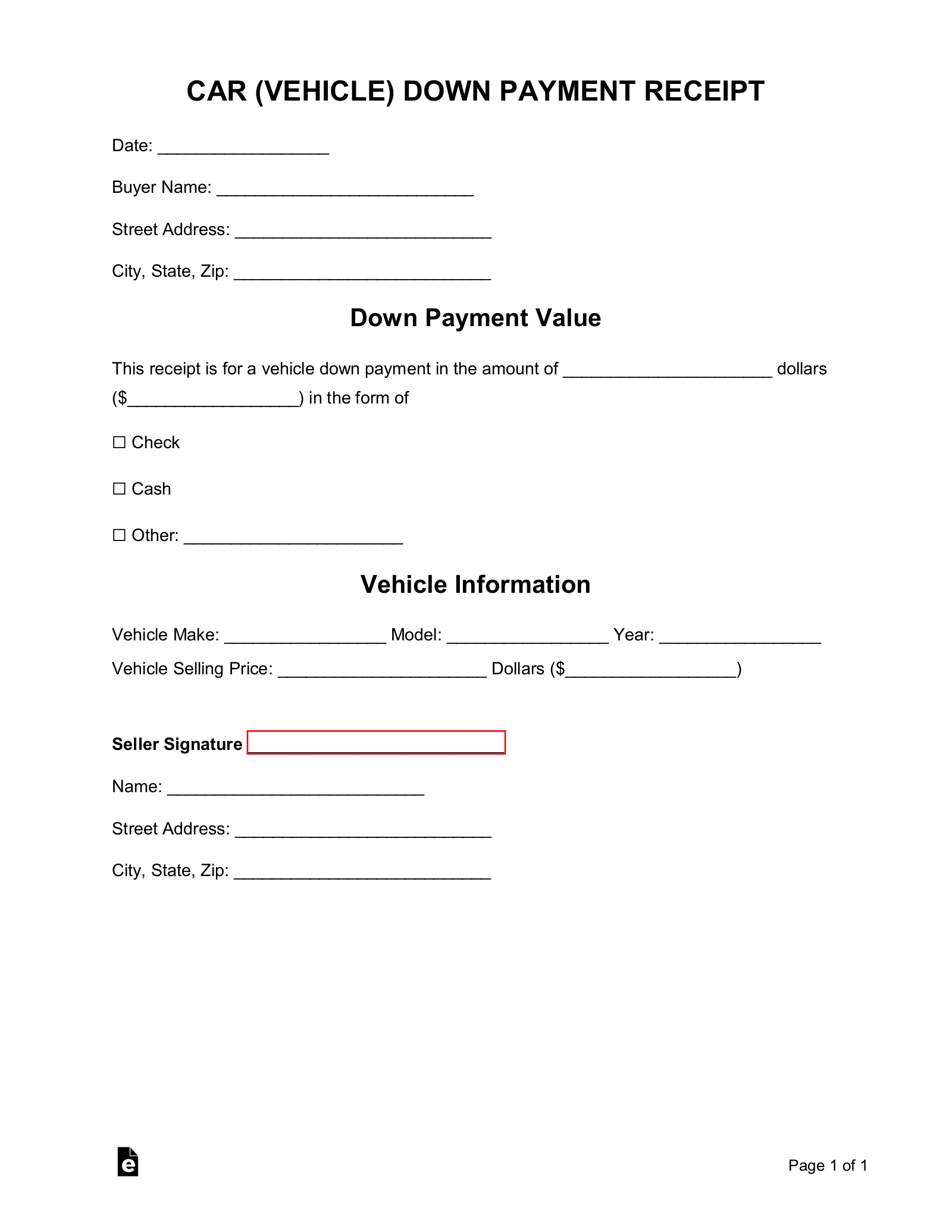 free car vehicle downpayment receipt template word pdf eforms