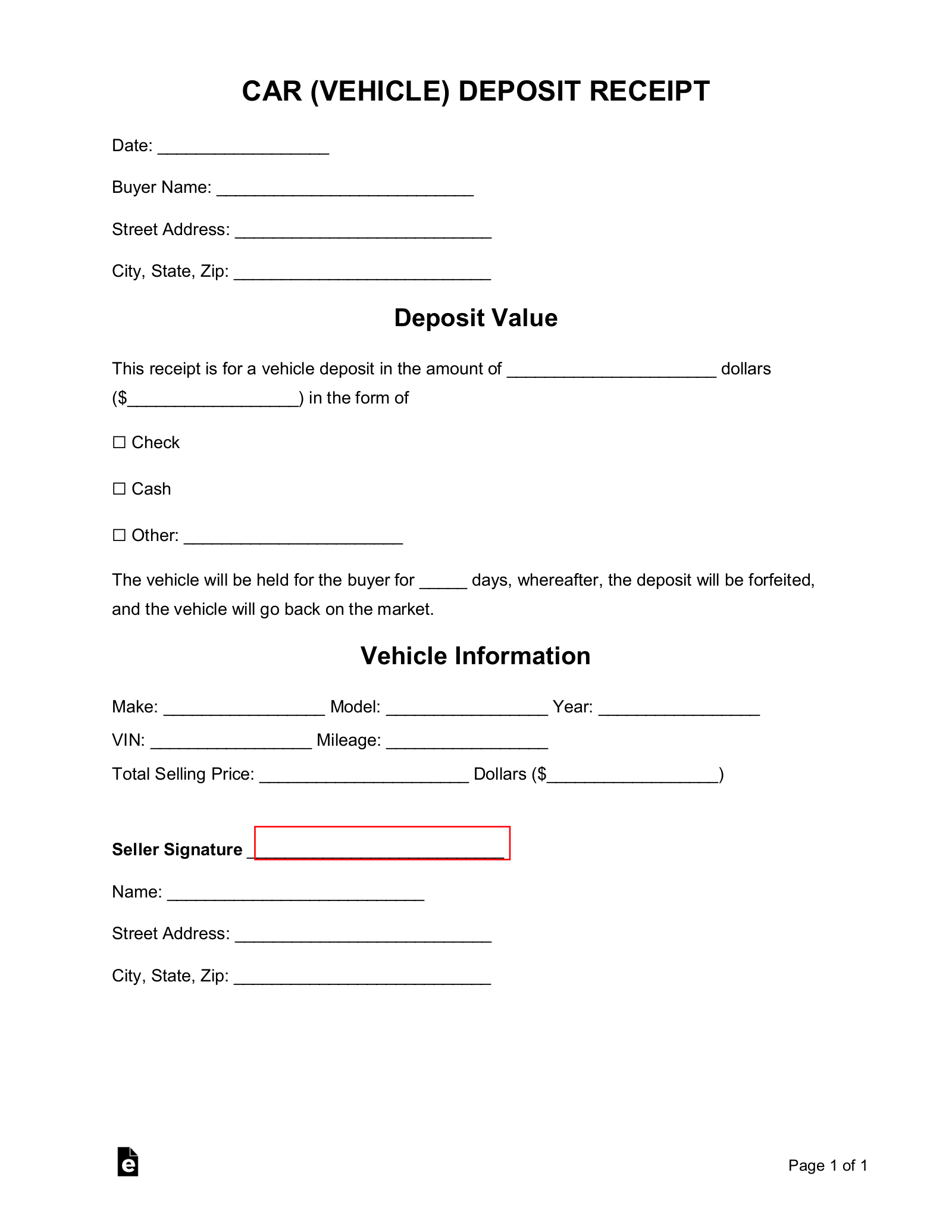 Free Car Vehicle Deposit Receipt Template PDF Word EForms