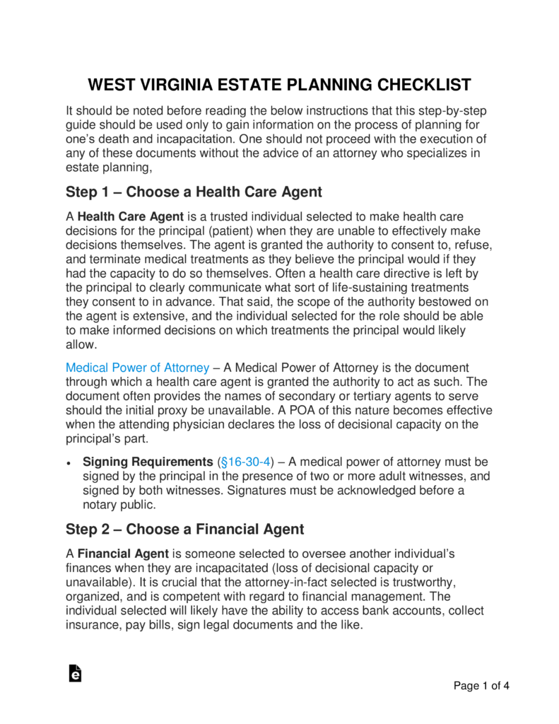 Free West Virginia Estate Planning Checklist PDF Word eForms